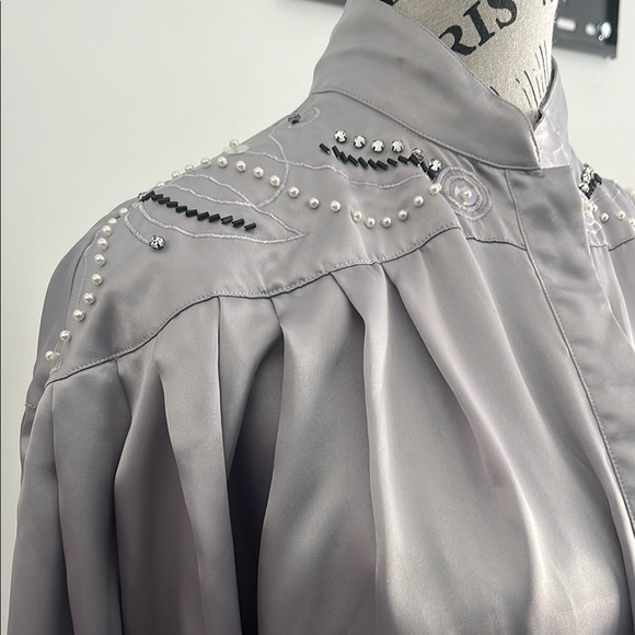 80s Gray Satin Blouse with High Collar and pearls rhinestones details - Picture 2 of 5